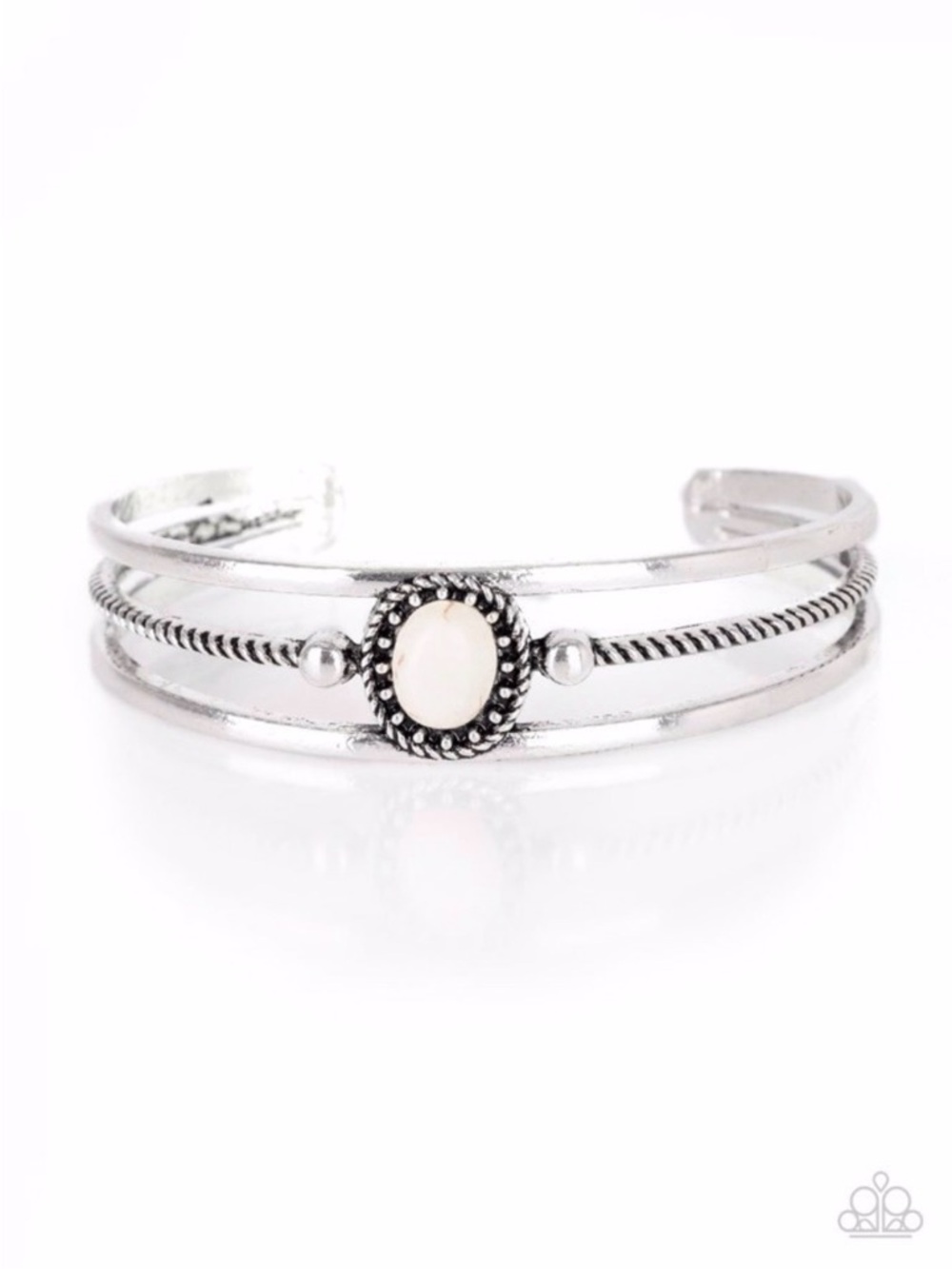 B-73 paparazzi Silver White Oval Stone Layered Cuff Bracelet